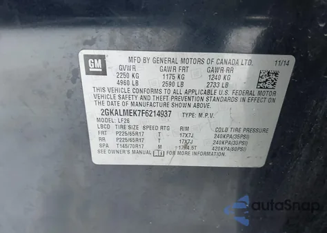2015 GMC Terrain Sle-1 from USA, damaged, VIN 2GKALMEK7F6214937